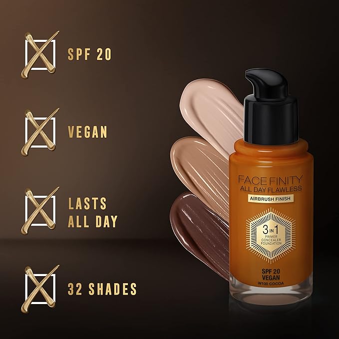 Max Factor Facefinity All Day Flawless 3 In 1 Foundation SPF 20, No. 100 Sun Tan-VeraVaultWomen