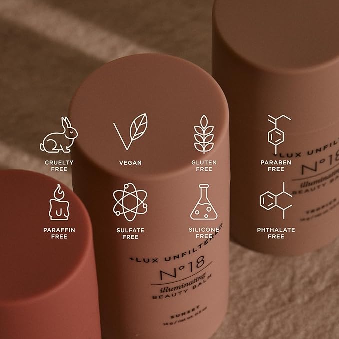 '+ Lux Unfiltered N°18 Illuminating Beauty Balm - Cream Blush Stick with Mango Butter - Buildable and Blendable Shimmer Blush Makeup Stick - Vegan & Cruelty Free - Sunset (A Sheer Sun Kissed Glow)