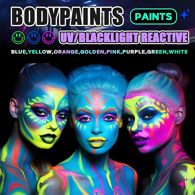 Go Ho Neon Yellow Body Paint Washable(2.37oz,70ml),under UV Blacklight Neon Face Paint,Water Based Neon Fluorescent Yellow Face Paint for Adults Children SFX Cosplay Costumes Halloween Makeup-VeraVaultWomen