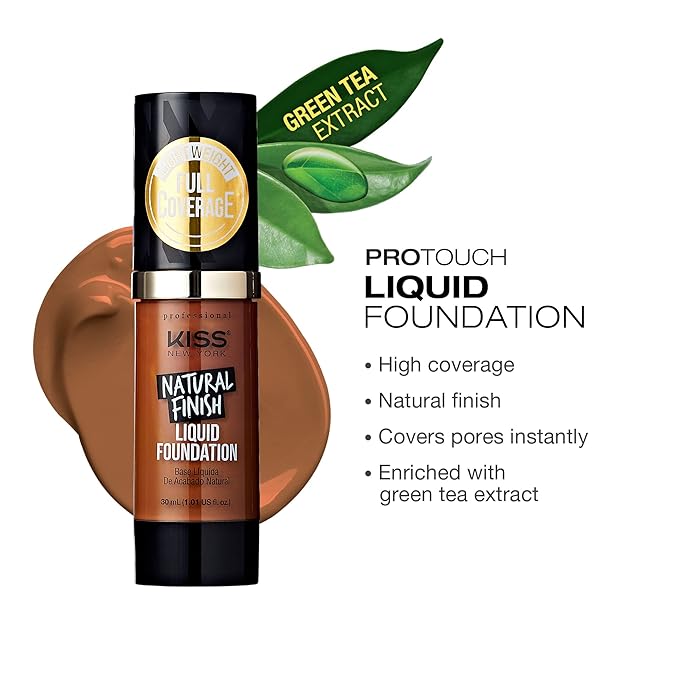 Kiss New York Professional Liquid Foundation - Lightweight and Hydrating Formula, Natural Finish, Control Shine, Cover Pores, Medium to Full Coverage, Green Tea Extract (Caramel)-VeraVaultWomen