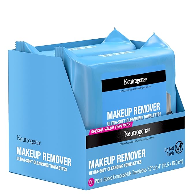 Neutrogena Makeup Remover Wipes, Ultra-Soft Cleansing Facial Towelettes for Waterproof Makeup, Alcohol-Free, Plant-Based, Twin Pack, 25 Count (Pack of 2)-VeraVaultWomen
