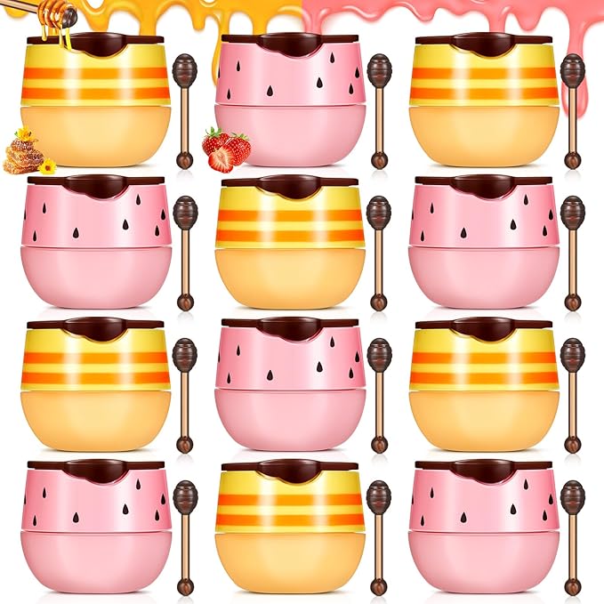 12 Pcs Bee Lip Balm Honey Pot with Brush Propolis Lip Mask Overnight, Moisturizing Hydrating Lip Sleeping Mask Prevention Dry and Cracked(Honey+Strawberry)-VeraVaultWomen