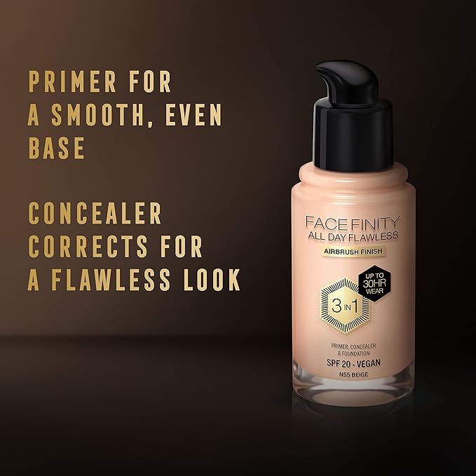 Max Factor Facefinity All Day Flawless 3 In 1 Foundation SPF 20, No. 55 Beige-VeraVaultWomen