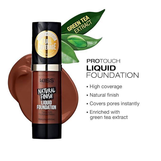 Kiss New York Professional Liquid Foundation - Lightweight and Hydrating Formula, Natural Finish, Control Shine, Cover Pores, Medium to Full Coverage, Green Tea Extract (Sienna)-VeraVaultWomen