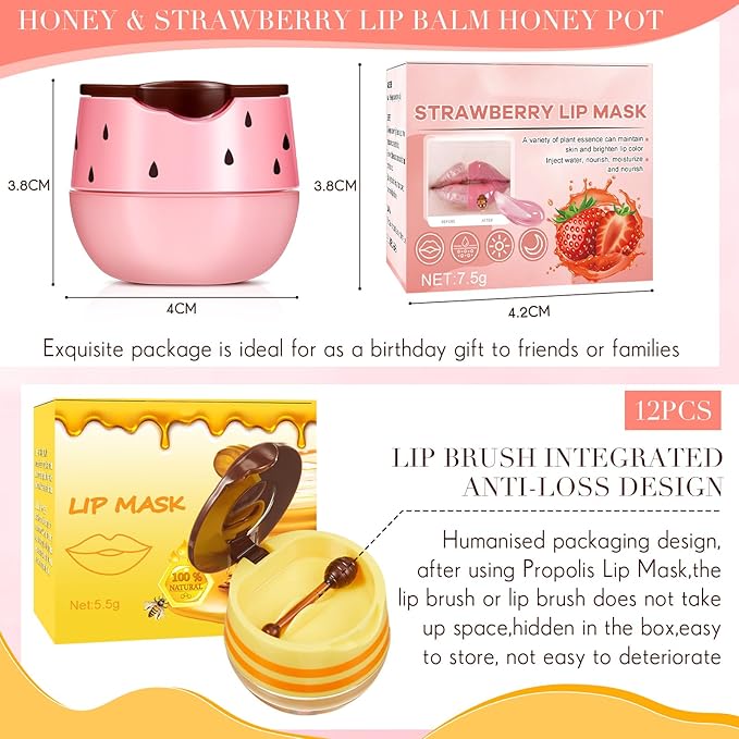 12 Pcs Bee Lip Balm Honey Pot with Brush Propolis Lip Mask Overnight, Moisturizing Hydrating Lip Sleeping Mask Prevention Dry and Cracked(Honey+Strawberry)-VeraVaultWomen