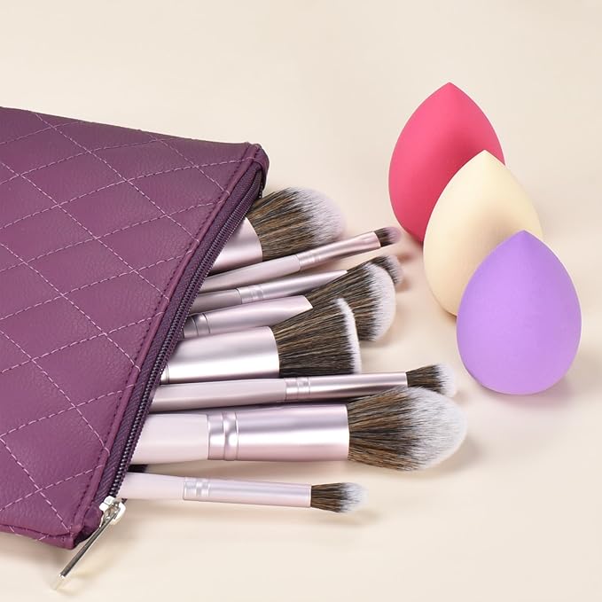 10 Piece Purple Makeup Brushes Set and 3 Piece Makeup Sponge - Wooden Handle with Soft Synthetic Bristles, for Face & Eye Makeup | Professional Cosmetic Brushes | Includes Travel Pouch-VeraVaultWomen
