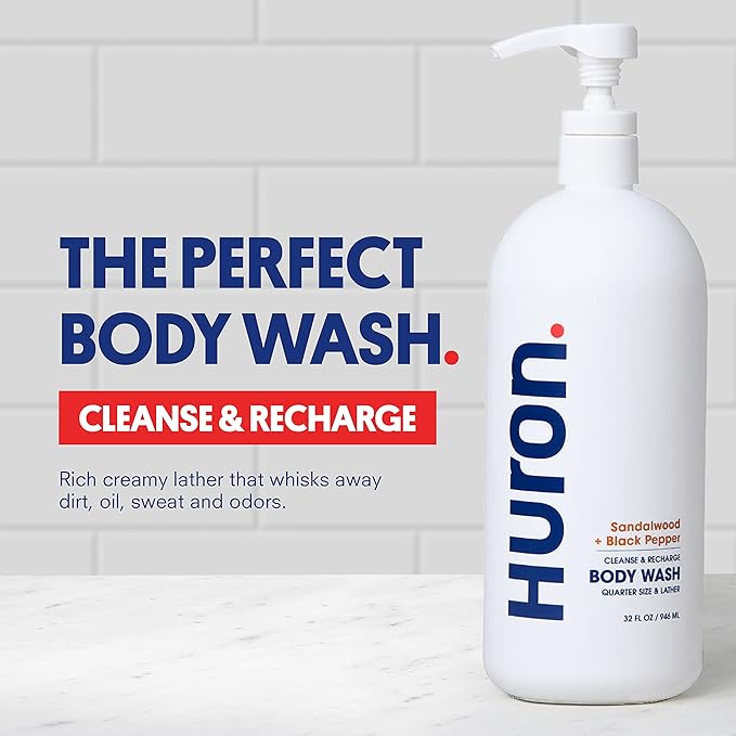 Huron Men’s Moisturizing Body Wash - Clean & Woody Scent of Sandalwood, Black Pepper, Cedarwood, & Amber - Made With Coconut Oil, Vitamin E & Witch Hazel - Vegan, Cruelty-Free - 32 fl oz-VeraVaultWomen