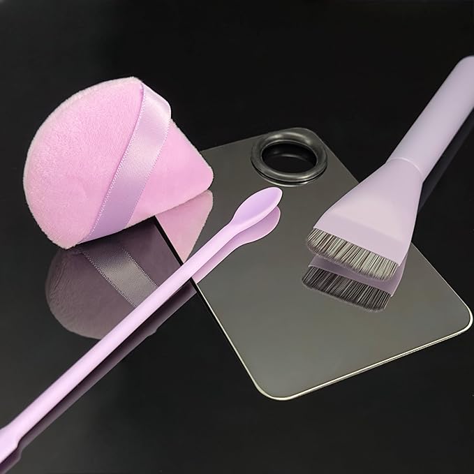 Makeup Brush Set - Flat Foundation Brush, Blender Sponge, Face Spatula, Puff & Heart-Shaped Mixing Palette with Leather Case – Complete Face Makeup Tool Kit for Blending, Foundation & Application-VeraVaultWomen