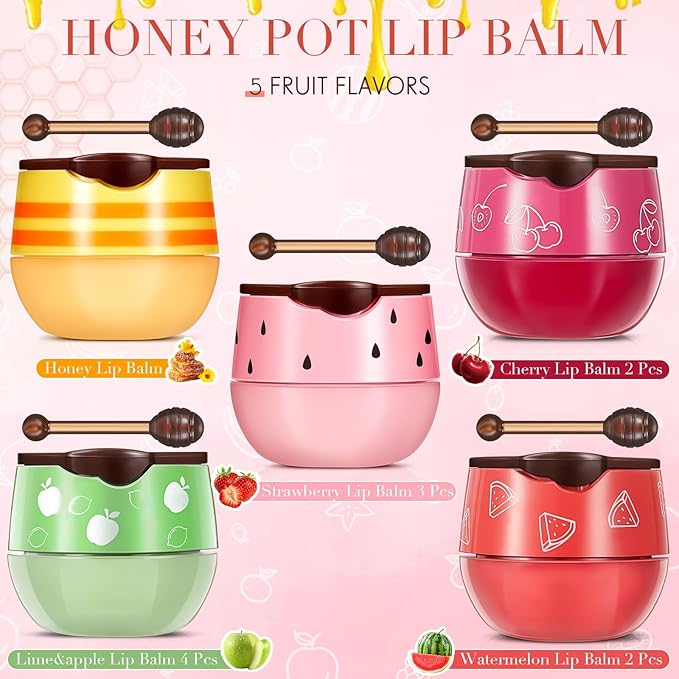 12 Pcs Bee Lip Balm Honey Pot with Brush Propolis Lip Mask Overnight, Moisturizing Hydrating Lip Sleeping Mask Prevention Dry and Cracked(Honey+Strawberry+Watermelon+Apple Lime+Cherry)-VeraVaultWomen
