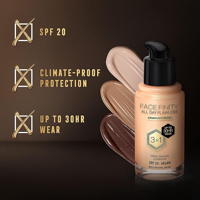 Max Factor Facefinity All Day Flawless 3 In 1 Foundation SPF 20, No. 33 Crystal Beige-VeraVaultWomen
