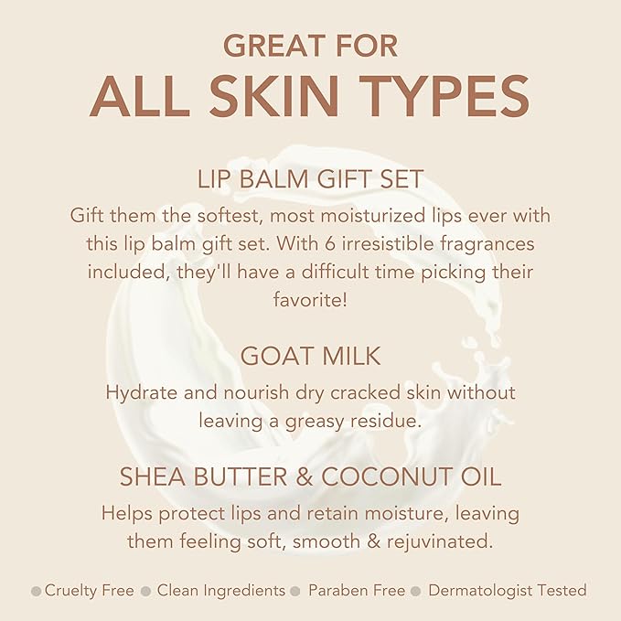 Dionis Goat Milk Lip Balm Deluxe Gift Box Set of 6 Vanilla, Coconut, Milk & Honey, Berry, Peppermint & Blood Orange Scented Chapstick - Shea Butter & Coconut Oil Gifts For Her, Protect & Restore Lips-VeraVaultWomen