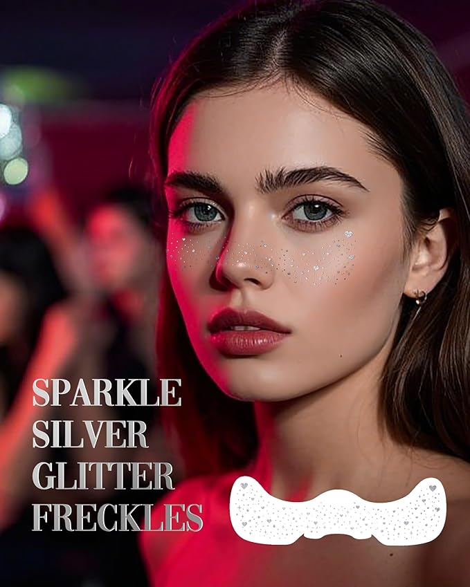 Glitter Freckles, Face Glitter for Kids Women Girls, Waterproof Glow Up Singer Concerts Festival Rave Accessories (Silver -Hearted)
