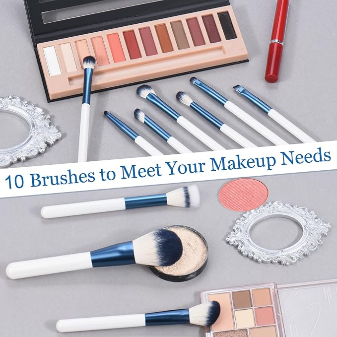 Makeup Brushes Set With Case 10Pcs White Makeup Brush Kit Foundation Eyeshadow Powder Blending Kabuki Eyebrow Eyelash Brushes Cosmetic Brush Travel Kit Gift (White+Blue)-VeraVaultWomen