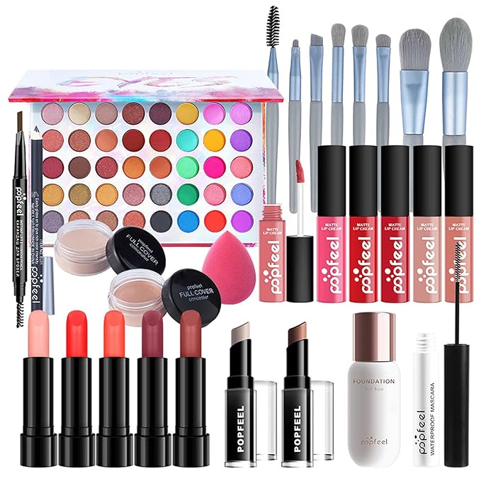 Makeup Kit for Women Full Kit, with Professional Make Up Bag Eyeshadow Red Lipstick, Powder Brush, Concealer, Glitter Lip Gloss, Waterproof Mascara, Eyebrow Pencil, Birthday Gift for Mom Sister-VeraVaultWomen