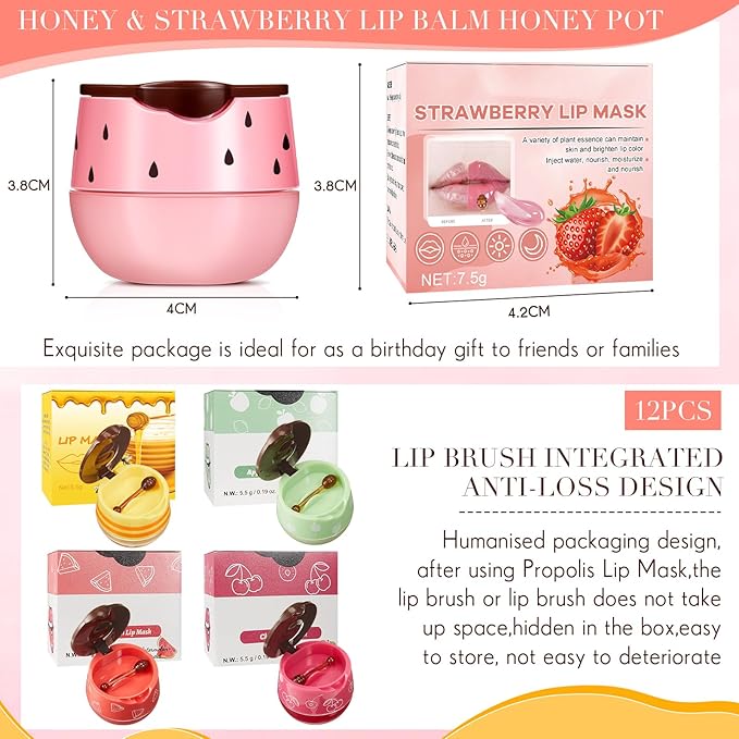 12 Pcs Bee Lip Balm Honey Pot with Brush Propolis Lip Mask Overnight, Moisturizing Hydrating Lip Sleeping Mask Prevention Dry and Cracked(Honey+Strawberry+Watermelon+Apple Lime+Cherry)-VeraVaultWomen
