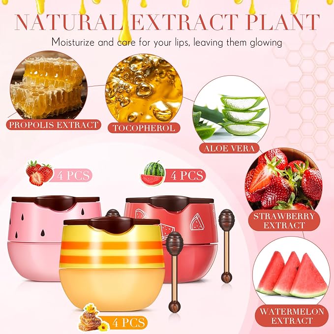 12 Pcs Bee Lip Balm Honey Pot with Brush Propolis Lip Mask Overnight, Moisturizing Hydrating Lip Sleeping Mask Prevention Dry and Cracked(Honey+Strawberry+Watermelon)-VeraVaultWomen