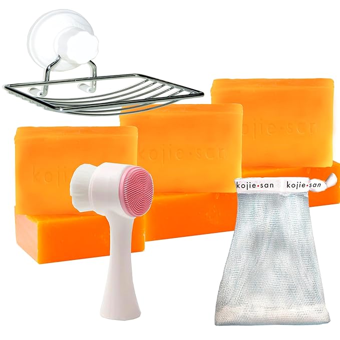 Kojie San Face & Body Skin Brightening Shower 9pc Set - the Original Kojic Acid Soap that Helps Reduce Dark Spots 6 x 135g Bars, Soap Dish and Facial Cleansing Brush…-VeraVaultWomen