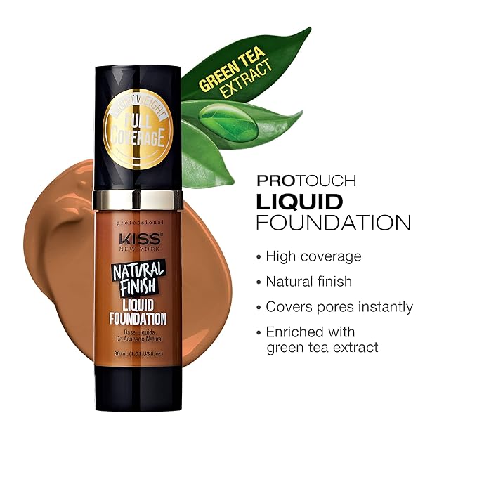 Kiss New York Professional Liquid Foundation - Lightweight and Hydrating Formula, Natural Finish, Control Shine, Cover Pores, Medium to Full Coverage, Green Tea Extract (Cappuccino)-VeraVaultWomen