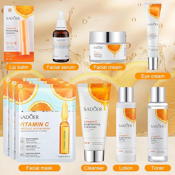10 Pcs Skin Care Sets Face Care Set for Women Includes 1 Pcs Cleanser, Toner, Lotion, Eye Cream, Serum, Face Cream, Lip Balm and 3 Facial Masks Skincare Gift for Girls (Vitamin C)-VeraVaultWomen