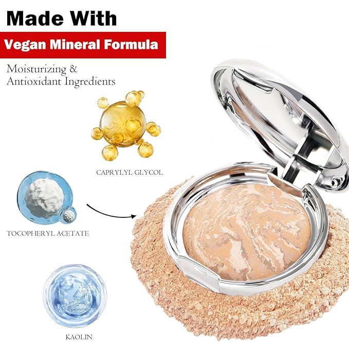 Marbleized Baked Foundation Makeup, Balance and Brighten Color Correcting Powder Foundation - Buildable Light to Medium Coverage - Demi-Matte Natural Finish (#002 LIGHT, 0.32 Oz)-VeraVaultWomen