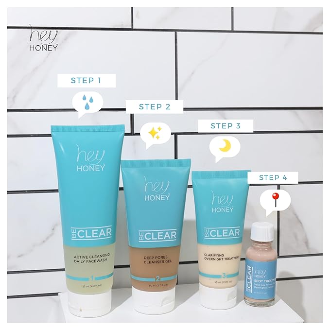 Hey Honey Skincare Be Clear Acne Routine | Daily Active Cleansing Face Wash | Youth & Young Adults, Blemishes Prone | Propolis & Gentle Exfoliating Acids | Fast & Long Lasting Oil Control | 5 fl oz-VeraVaultWomen