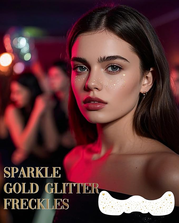 Glitter Freckles, Face Glitter for Kids Women Girls, Waterproof Glow Up Singer Concerts Festival Rave Accessories (Gold - Hearted)