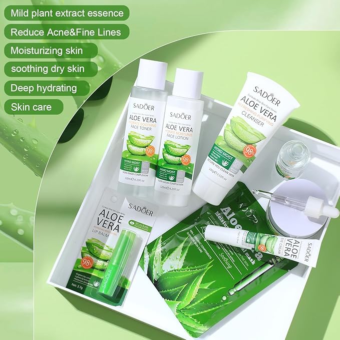 10 Pcs Skin Care Sets Face Care Set for Women Includes 1 Pcs Cleanser, Toner, Lotion, Eye Cream, Serum, Face Cream, Lip Balm and 3 Facial Masks Skincare Gift for Girls (Aloe Vera)-VeraVaultWomen