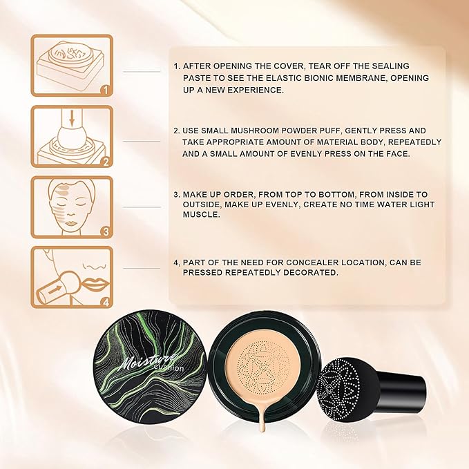 Mushroom Head Air Cushion CC Cream Foundation - Moisturizing & Long-Lasting BB Cream Concealer Makeup Base for All Skin Types, Brighten Long - Lasting Even Color Correcting Concealer (Medium Deep)-VeraVaultWomen