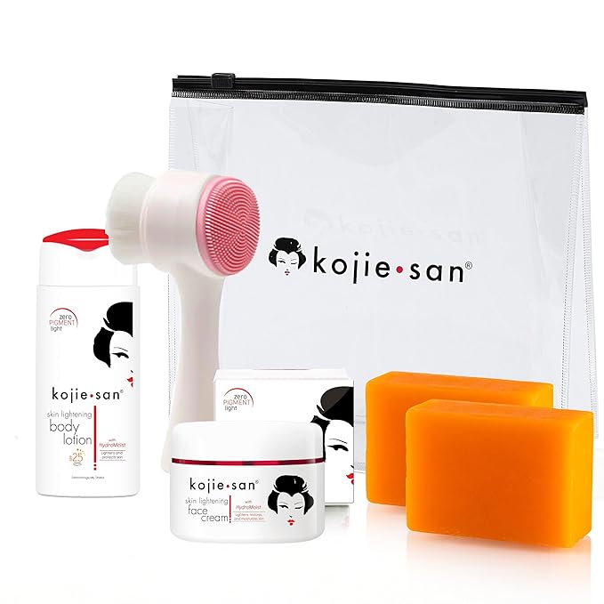 Kojie San Face & Body Complete Brightening Mini Set - 65 Gram x 2 Bars Soap, Body Lotion, Face Cream, and Facial Cleansing Brush-VeraVaultWomen