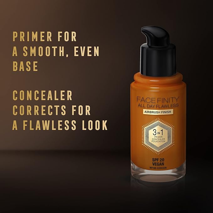 Max Factor Facefinity All Day Flawless 3 In 1 Foundation SPF 20, No. 100 Sun Tan-VeraVaultWomen