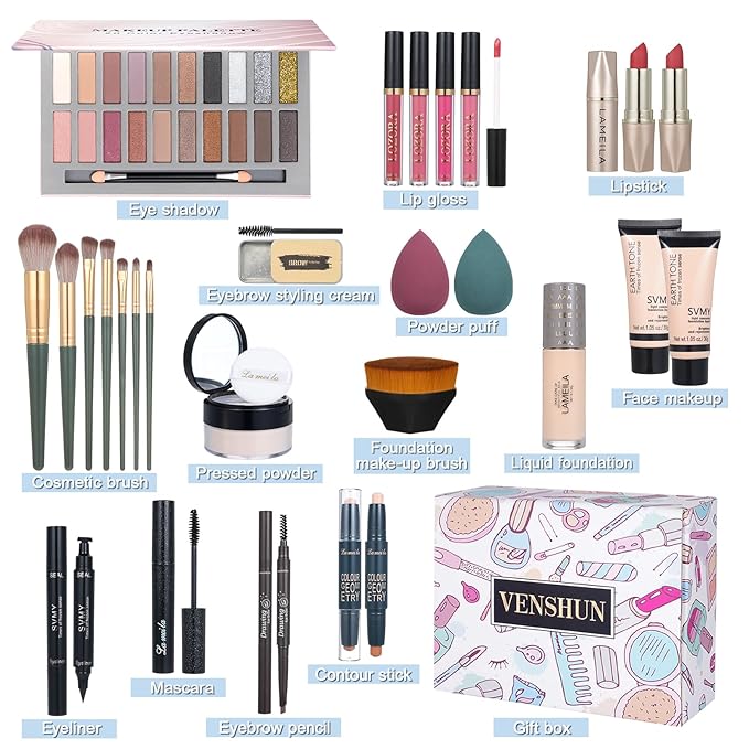 Makeup Kit Full Kit for Women Makeup Kit Full Kit for Teenagers Eyeshadow Palette Lip Gloss Foundation Mascara Eyeliner Cosmetic Brushes Cosmetic Bag etc. (20Middle)-VeraVaultWomen