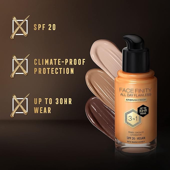 Max Factor Facefinity 3-in-1 All Day Flawless Liquid Foundation, SPF 20-78 Warm Honey, 30 ml-VeraVaultWomen