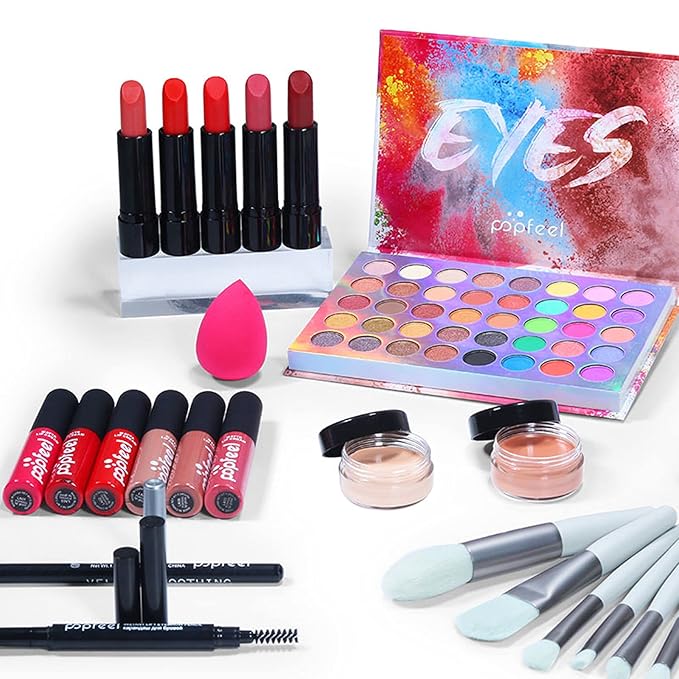 Makeup Kit for Women Full Kit, with Professional Make Up Bag Eyeshadow Red Lipstick, Powder Brush, Concealer, Glitter Lip Gloss, Waterproof Mascara, Eyebrow Pencil, Birthday Gift for Mom Sister-VeraVaultWomen
