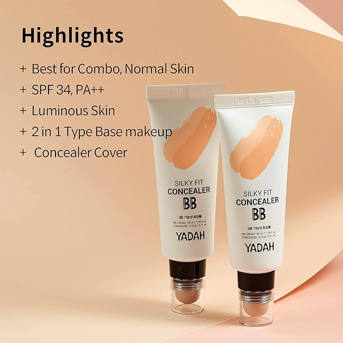 YADAH Silky Fit Concealer BB Cream (23 Natural Beige, 1.18fl oz) - 2-in-1 Korean Makeup for Flawless Skin, Tinted Moisturizer for Blemish Cover. Long-Lasting, All-Day Wear.-VeraVaultWomen