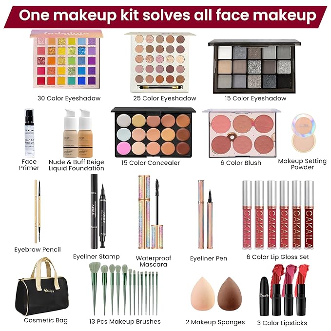 Makeup Kit for Women, Travel Makeup Kit, Makeup Full Kit for Beginners Teens Girls, Makeup Bundle Include 3 Matte & Shimmer Eyeshadow Palettes, Blush Palette, Lip Gloss Set, Concealer-VeraVaultWomen