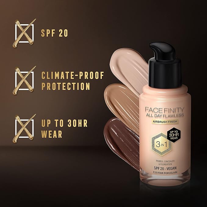 Max Factor Facefinity 3-in-1 All Day Flawless Liquid Foundation, SPF 20-10 Fair Porcelain, 30 ml-VeraVaultWomen
