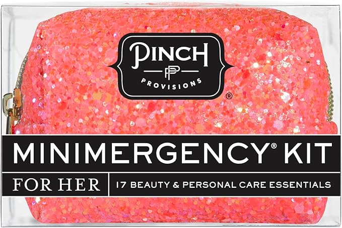 Pinch Provisions Coral Glitter Minimergency Kit, includes 17 Travel-Sized Cosmetic Essentials, Convenient for Purses, Emergency Beauty Accessories, Gifts for Holiday’s & Birthday’s-VeraVaultWomen