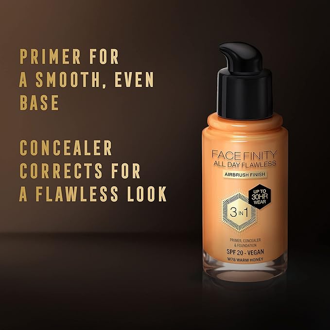 Max Factor Facefinity 3-in-1 All Day Flawless Liquid Foundation, SPF 20-78 Warm Honey, 30 ml-VeraVaultWomen