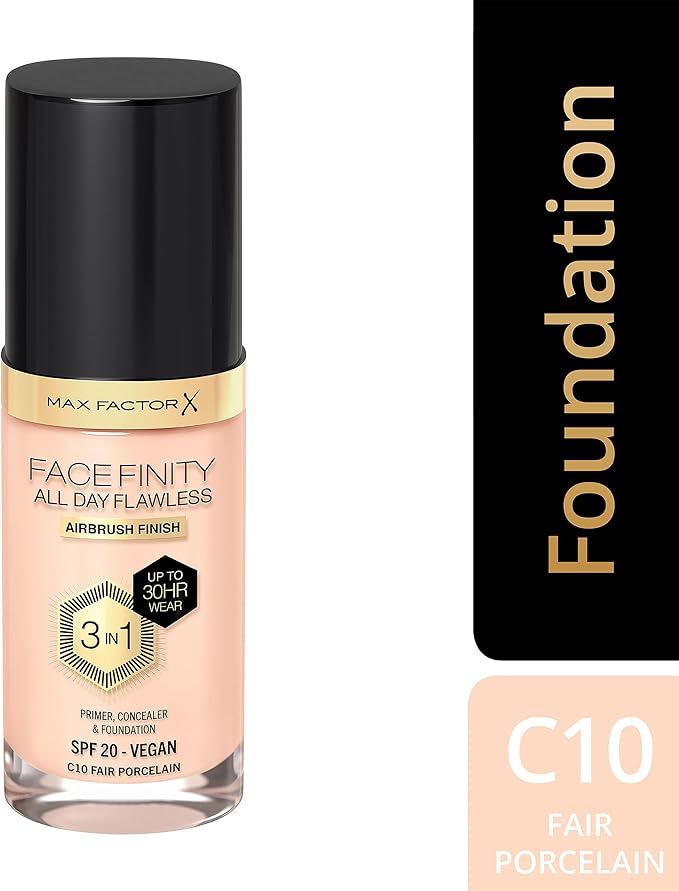 Max Factor Facefinity 3-in-1 All Day Flawless Liquid Foundation, SPF 20-10 Fair Porcelain, 30 ml-VeraVaultWomen
