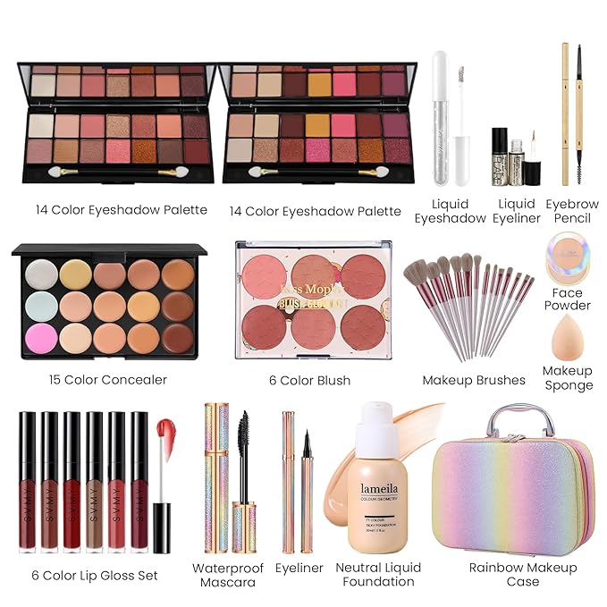 Makeup Kit for Women Full Kit, Travel Makeup Kit, Makeup Gift Set for Teens Girls Beginners Professionals, Makeup Bundle Include 2 Matte & Glitter Eyeshadow Palettes, Lip Gloss Set-VeraVaultWomen