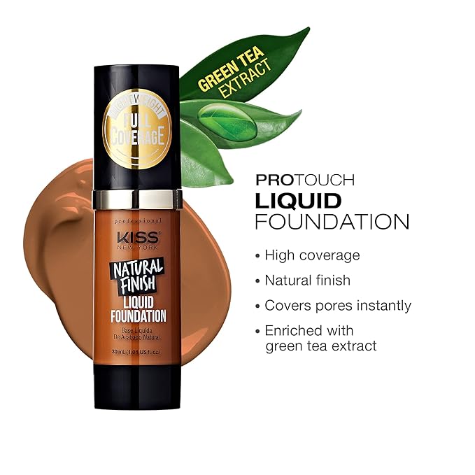 Kiss New York Professional Liquid Foundation - Lightweight and Hydrating Formula, Natural Finish, Control Shine, Cover Pores, Medium to Full Coverage, Green Tea Extract (Maple)-VeraVaultWomen