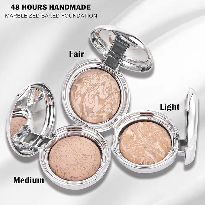 Marbleized Baked Foundation Makeup, Balance and Brighten Color Correcting Powder Foundation - Buildable Light to Medium Coverage - Demi-Matte Natural Finish (#001 FAIR, 0.32 Oz)-VeraVaultWomen