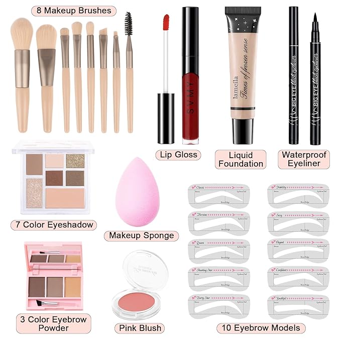 Makeup Kit for Teens Girls, Makeup Present Set for Women, Makeup Full Kit for Beginners, Mini Makeup Bundle Include 7 Latte colors Matte & Shimmer Pigmented Eyeshadow Palette, Eyebrow Powder-VeraVaultWomen