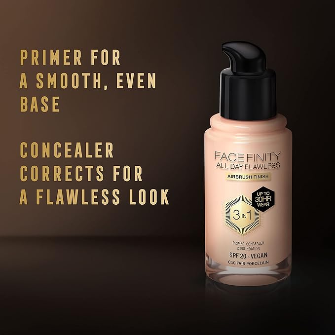 Max Factor Facefinity 3-in-1 All Day Flawless Liquid Foundation, SPF 20-10 Fair Porcelain, 30 ml-VeraVaultWomen
