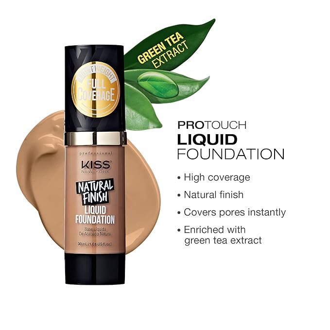 Kiss New York Professional Liquid Foundation - Lightweight and Hydrating Formula, Natural Finish, Control Shine, Cover Pores, Medium to Full Coverage, Green Tea Extract (Sun Beige)-VeraVaultWomen