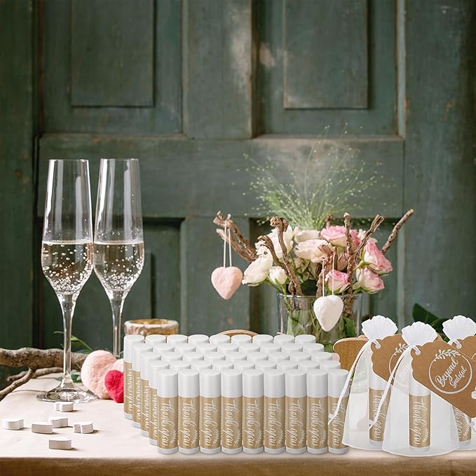 100 Set Thank You Lip Balm Bulk Small Natural Moisturizing Mini Lip Balm with Organza Bag and Card for Baby Wedding Bridal Shower Thank You Favors Bridesmaid Gifts Women Guests-VeraVaultWomen