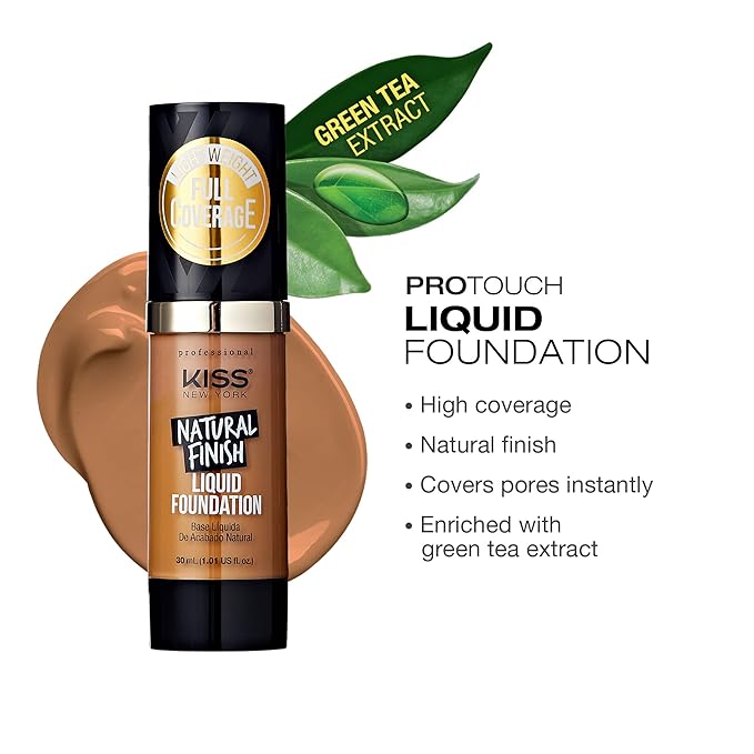 Kiss New York Professional Liquid Foundation - Lightweight and Hydrating Formula, Natural Finish, Control Shine, Cover Pores, Medium to Full Coverage, Green Tea Extract (Classic Tan)-VeraVaultWomen