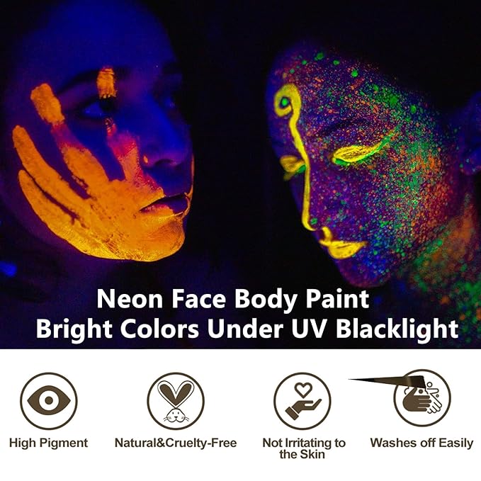 Go Ho Neon Yellow Body Paint Washable(2.37oz,70ml),under UV Blacklight Neon Face Paint,Water Based Neon Fluorescent Yellow Face Paint for Adults Children SFX Cosplay Costumes Halloween Makeup-VeraVaultWomen
