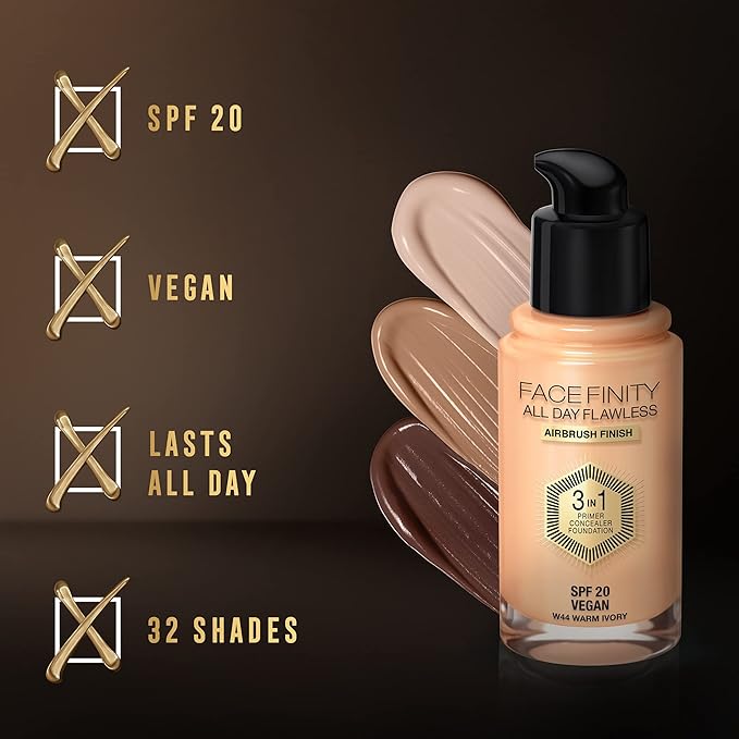 Max Factor Facefinity 3-in-1 All Day Flawless Liquid Foundation, SPF 20-44 Warm Ivory, 30 ml-VeraVaultWomen