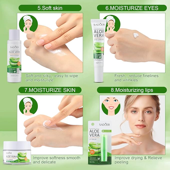 10 Pcs Skin Care Sets Face Care Set for Women Includes 1 Pcs Cleanser, Toner, Lotion, Eye Cream, Serum, Face Cream, Lip Balm and 3 Facial Masks Skincare Gift for Girls (Aloe Vera)-VeraVaultWomen